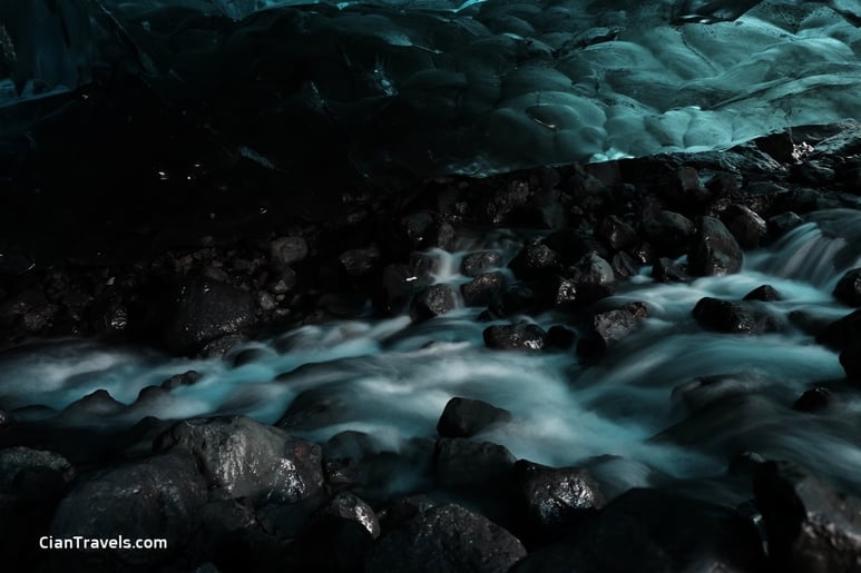 A long exposure image inside one of the ice caves